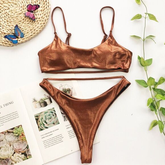 Metallic Ribbed Cut Out Bandage Brazilian Bikini - Picture 4 of 6